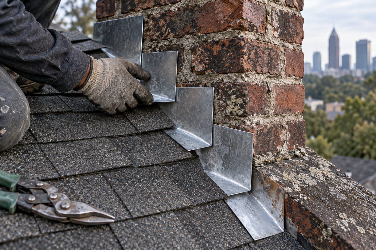 Roofing fasteners and a measuring square arranged on a workbench