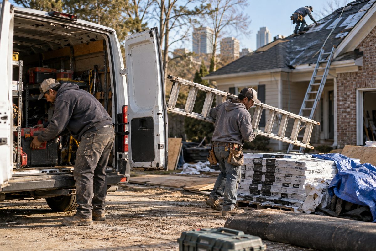 Roofing workers preparing shingles and tools beside an unmarked work van