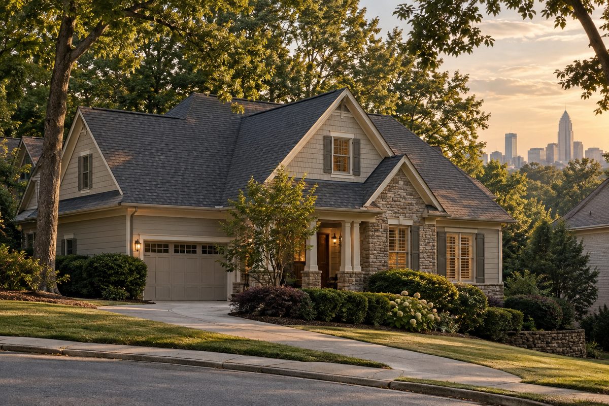 Charcoal asphalt-shingle roof on a lived-in Atlanta home