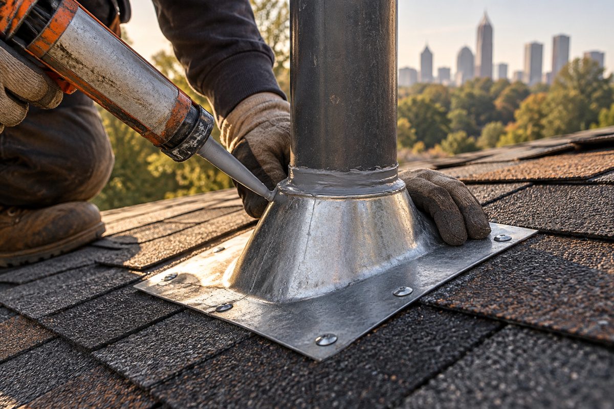 Step flashing being fitted where asphalt shingles meet a brick chimney