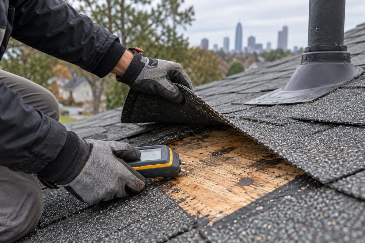 Roof decking inspected beside a lifted asphalt shingle at a repair area