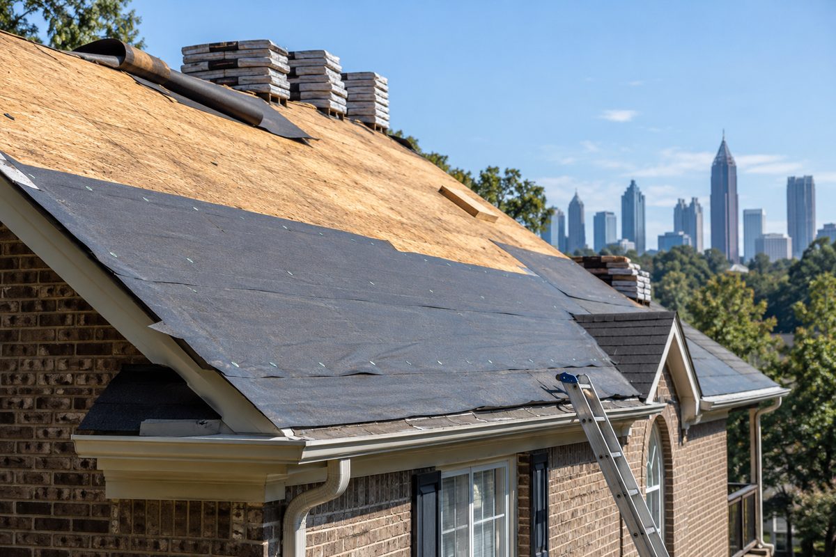 Exposed roof decking beside new underlayment during roof replacement