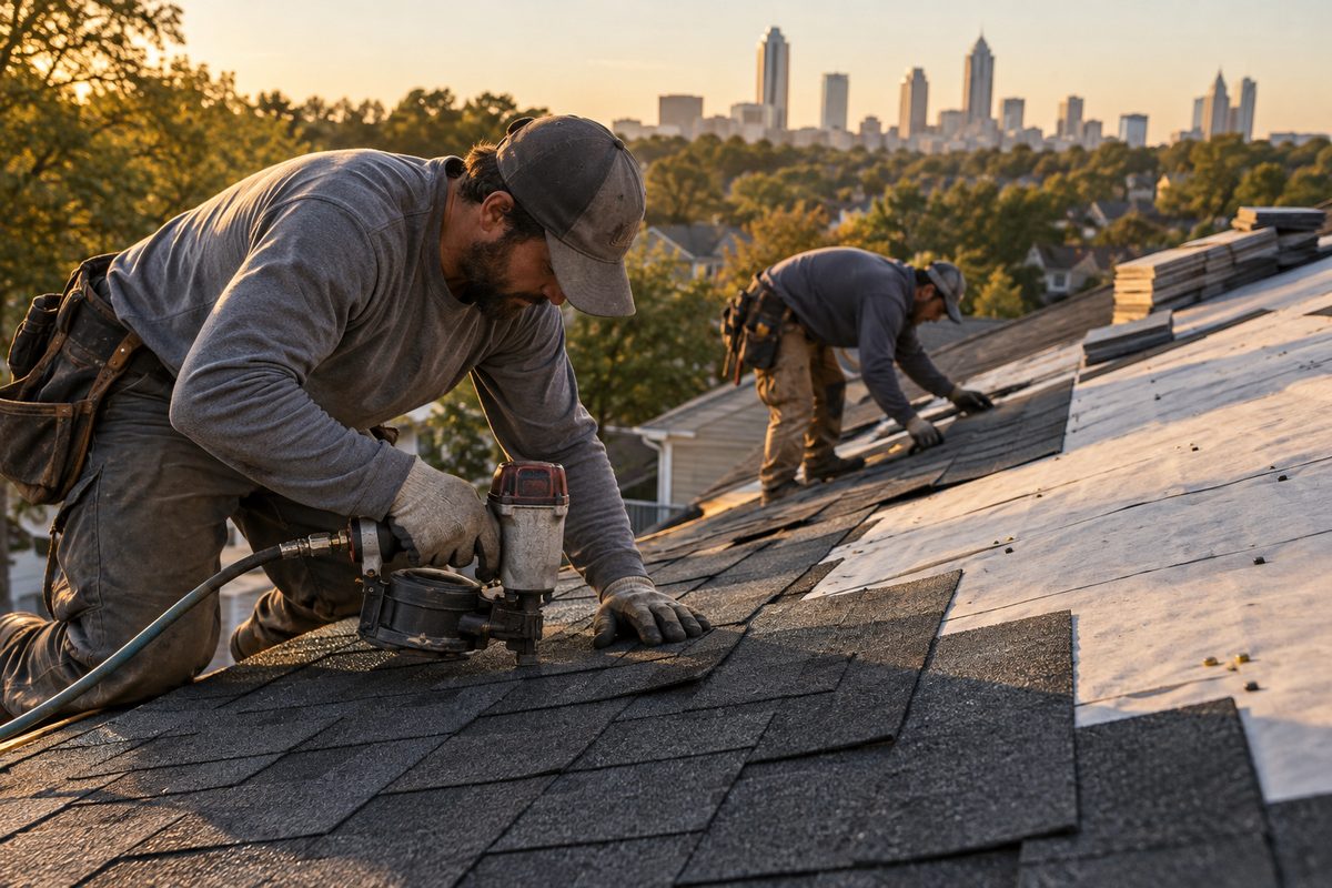 Roofer fastening overlapping asphalt ridge-cap shingles with fall protection