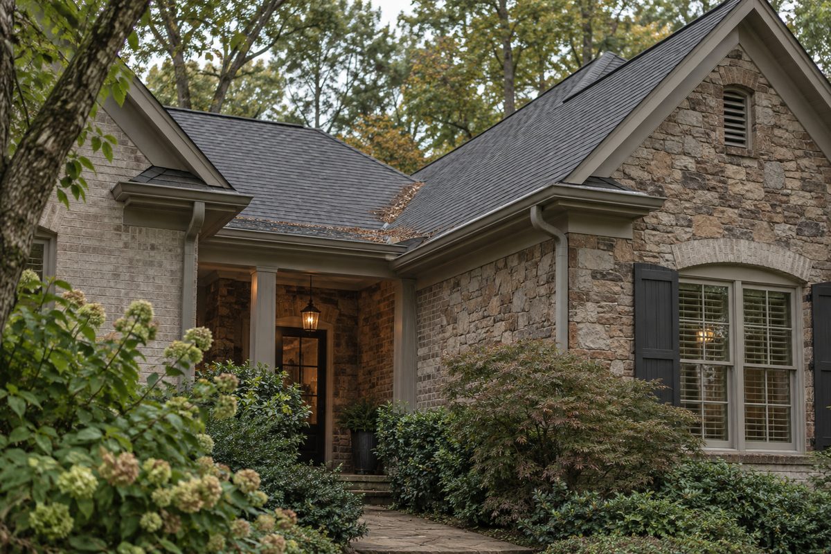 Ground-level view of a shingle roof edge, drip edge and gutter corner